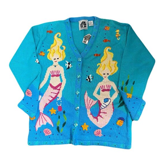 DEADSTOCK Vintage Storybook Knits grannycore mermaid under the sea cardigan sz M